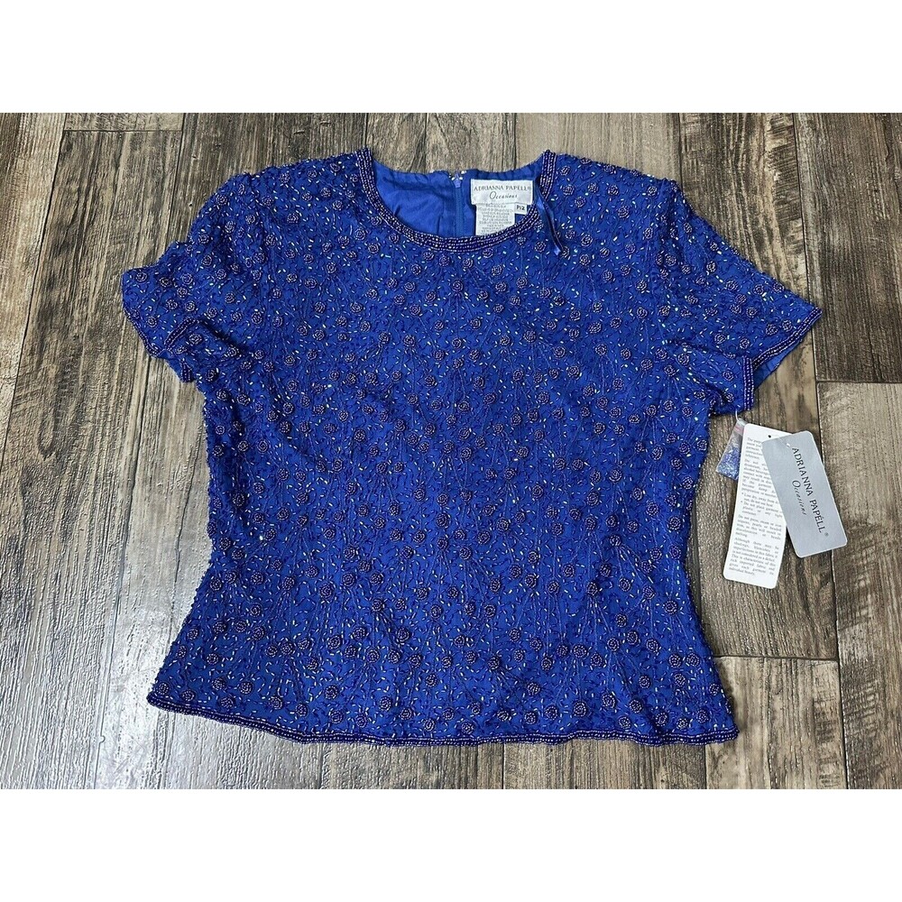Adrianna Papell Occasions Silk Beaded Top Size P12 Purple Blue Shade Zipper Back